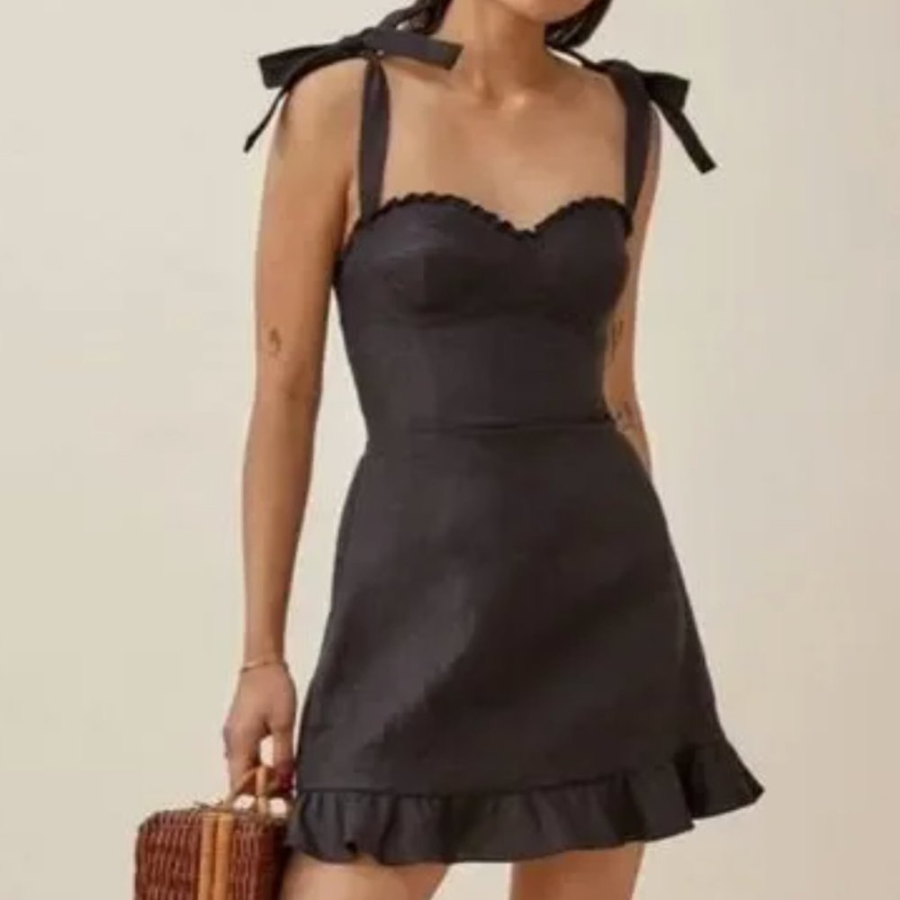 Reformation Desiree Black Linen Mini Dress, size 8